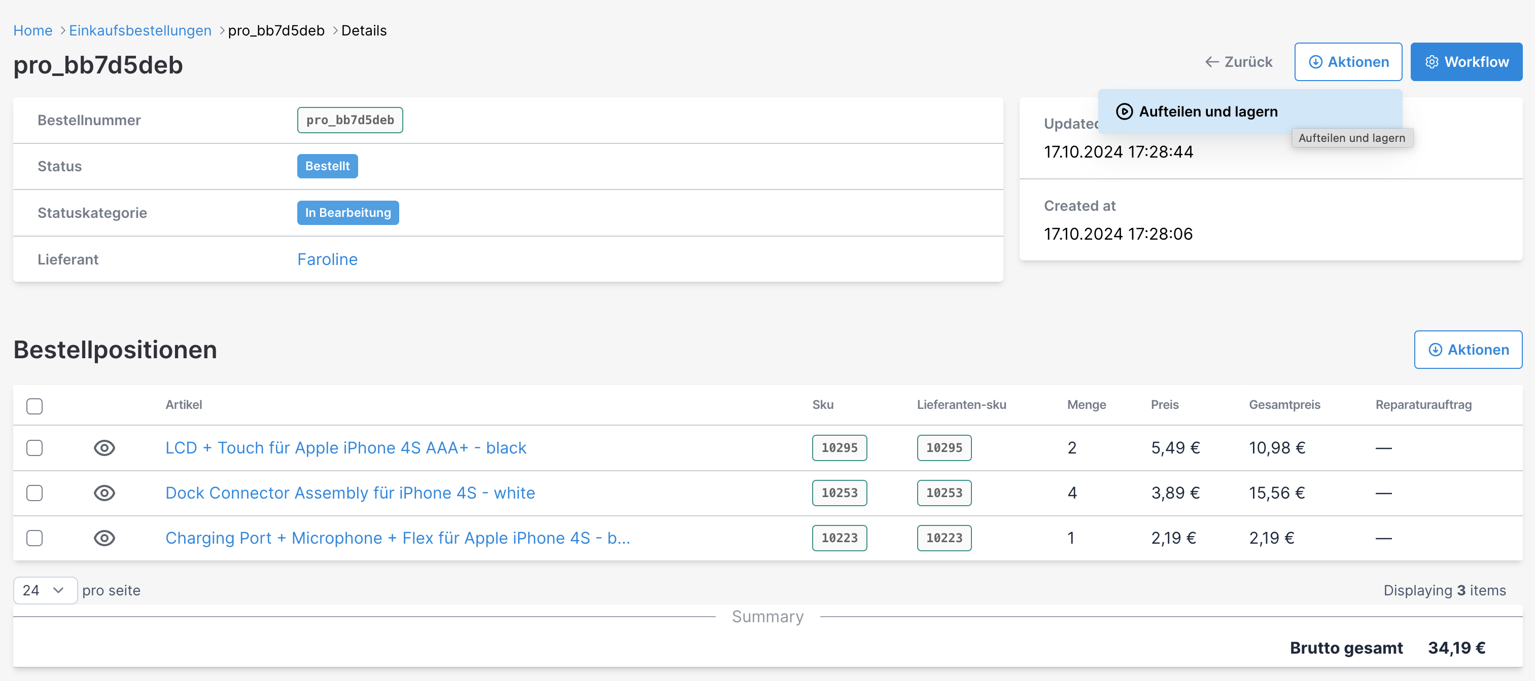 Einkaufsbestellung aufteilen