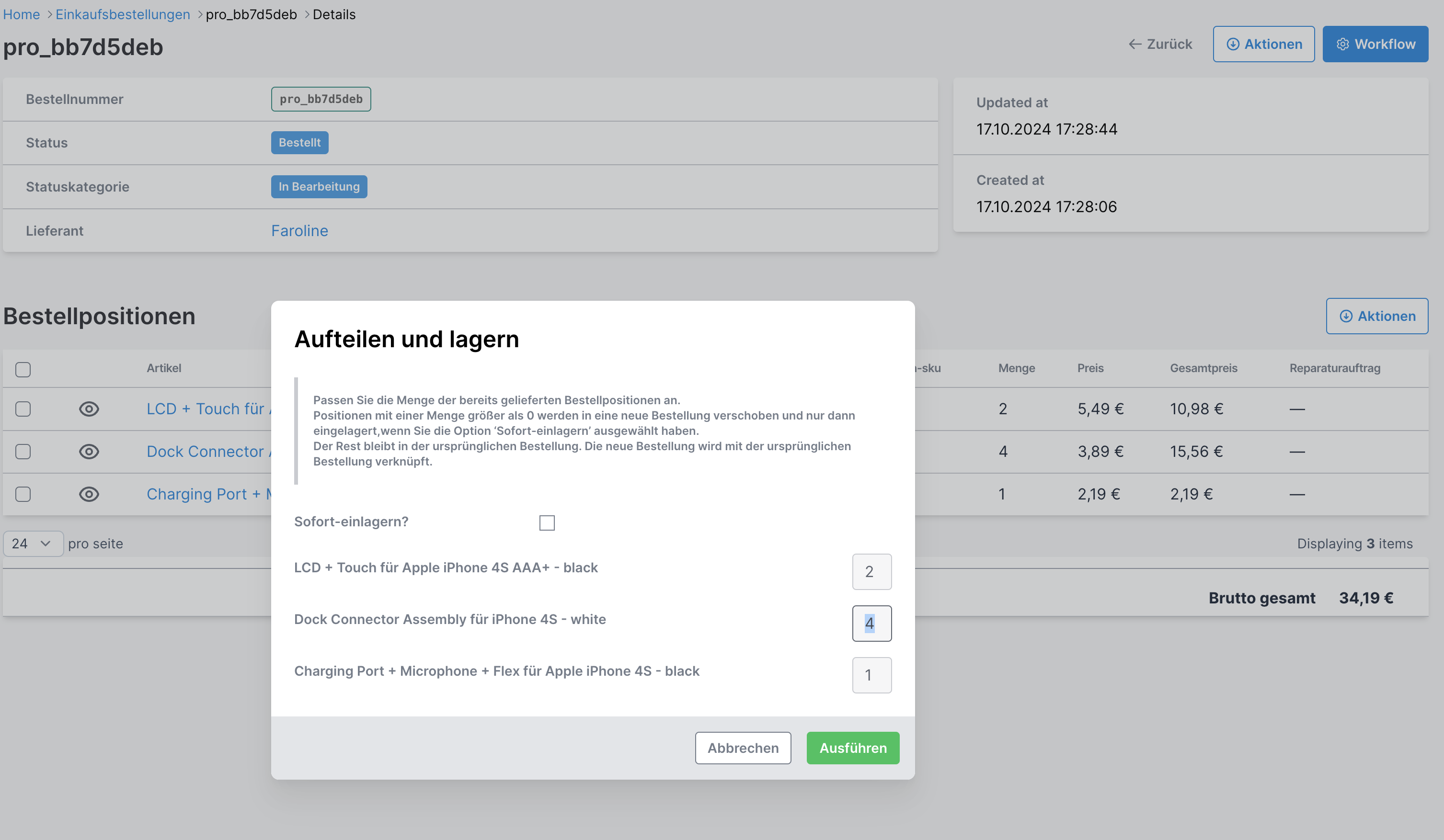 Einkaufsbestellung aufteilen