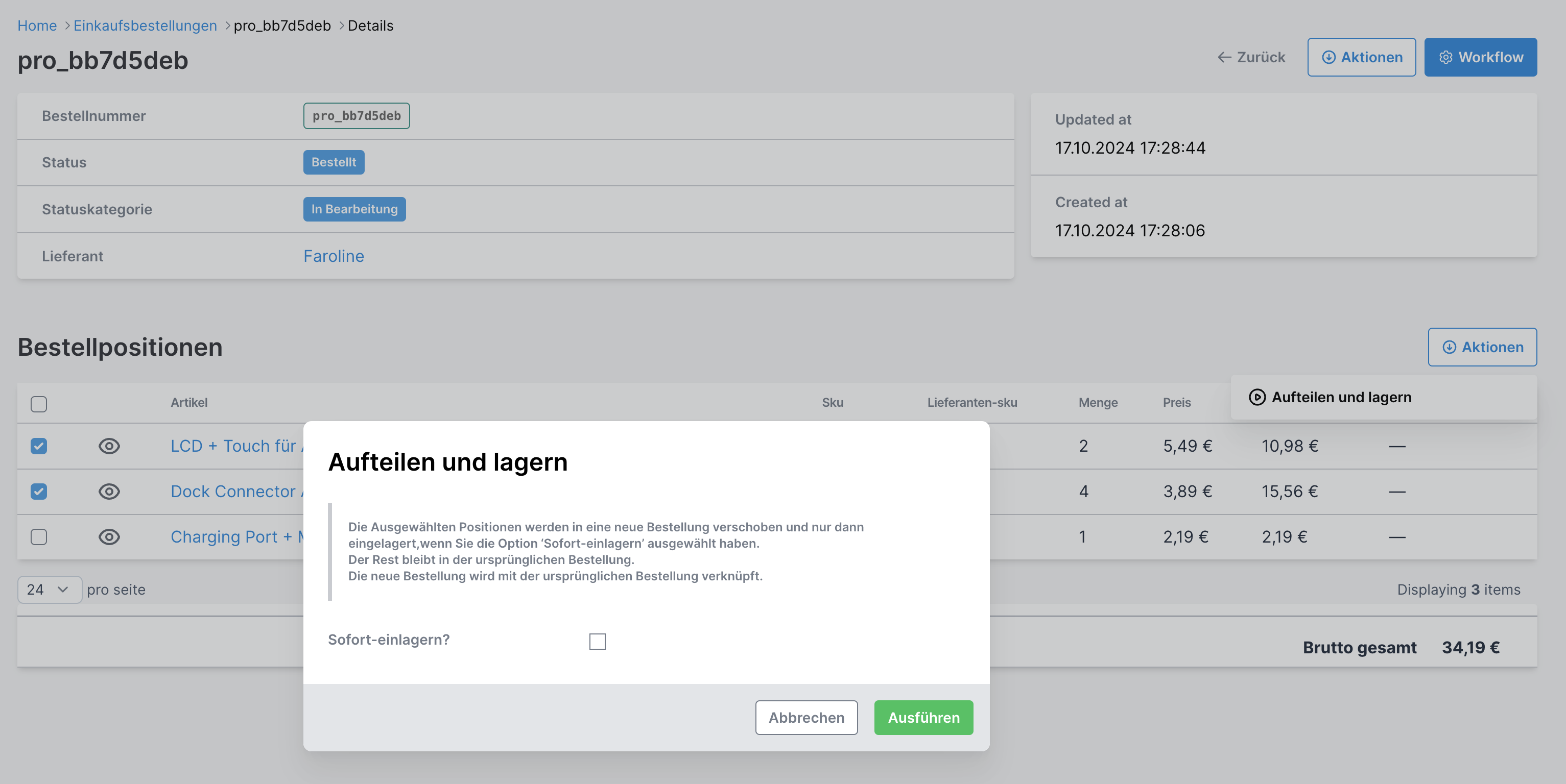 Einkaufsbestellung aufteilen