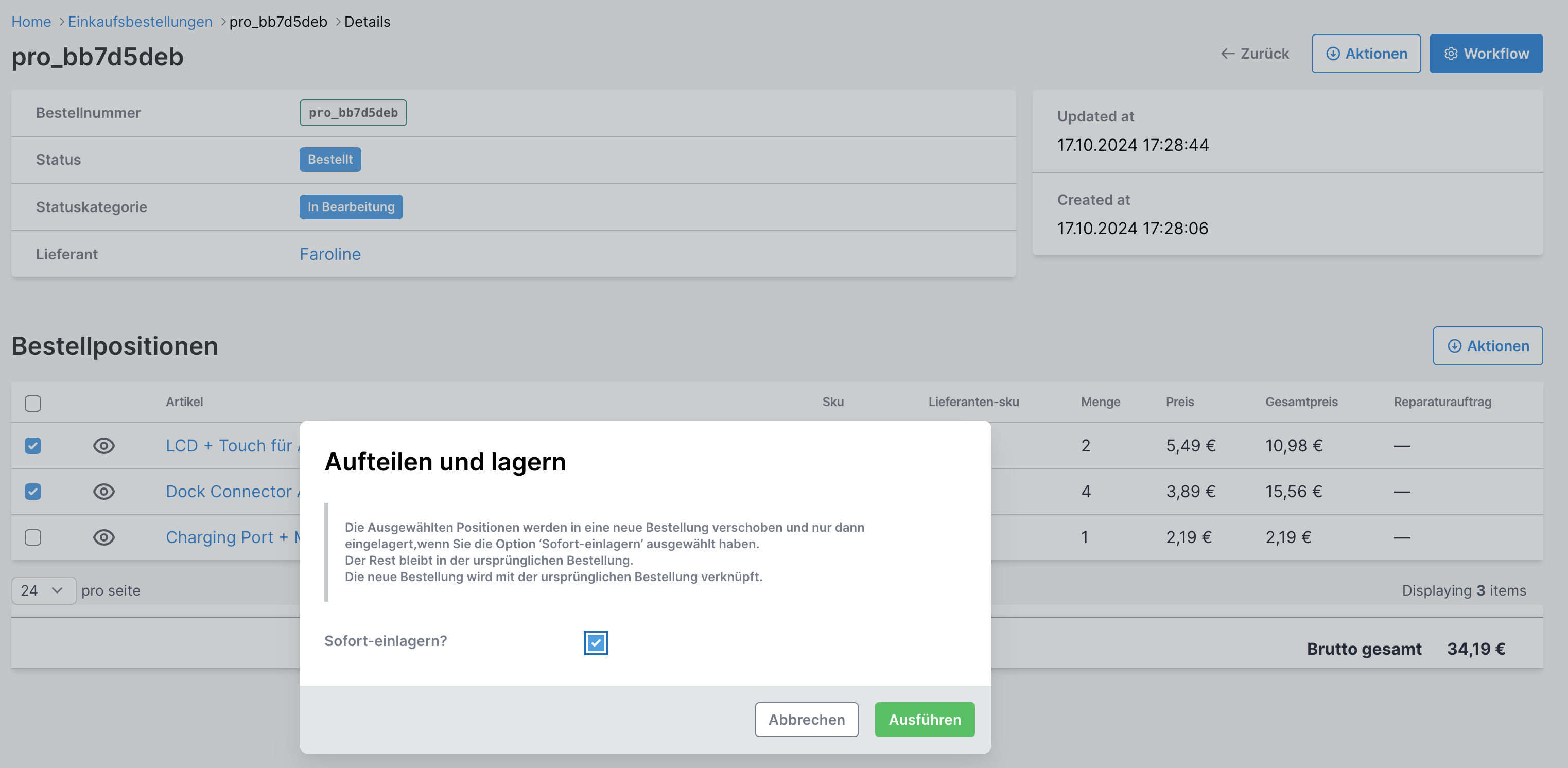 Einkaufsbestellung aufteilen